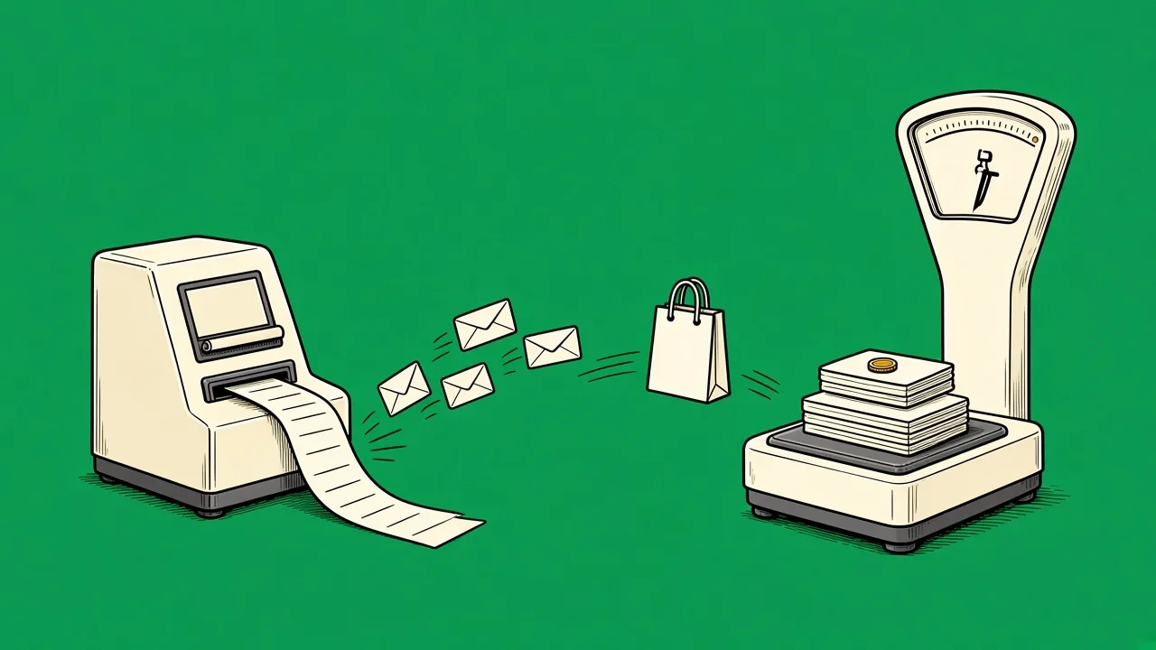 Illustration of a ticker machine counting envelopes on the left and a weighing scale with a stack of contact cards and a coin on the right, a shopping bag between them