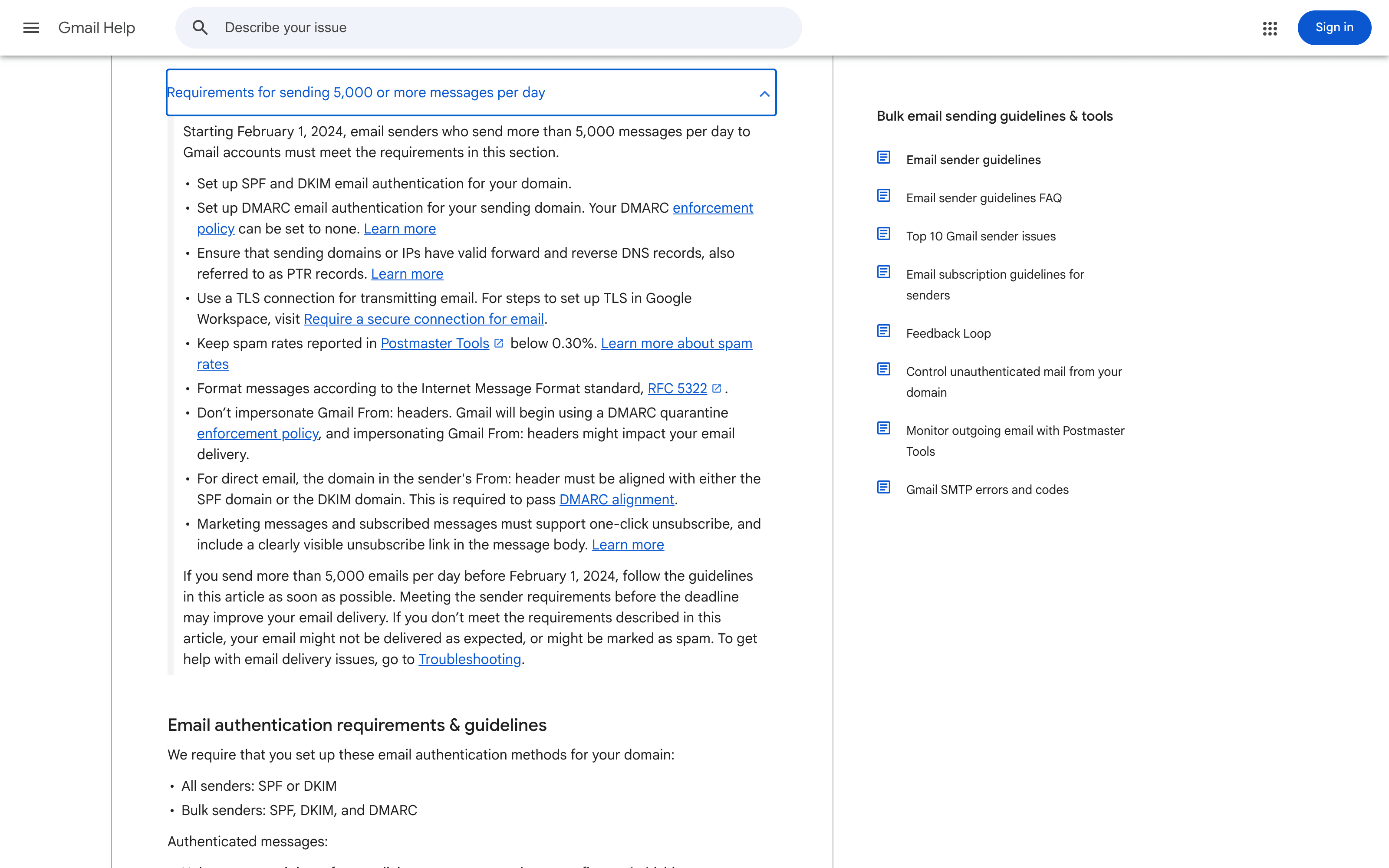 Google's email sender guidelines page with the requirements for senders of 5,000 or more messages per day expanded, including keeping spam rates in Postmaster Tools below 0.30 percent