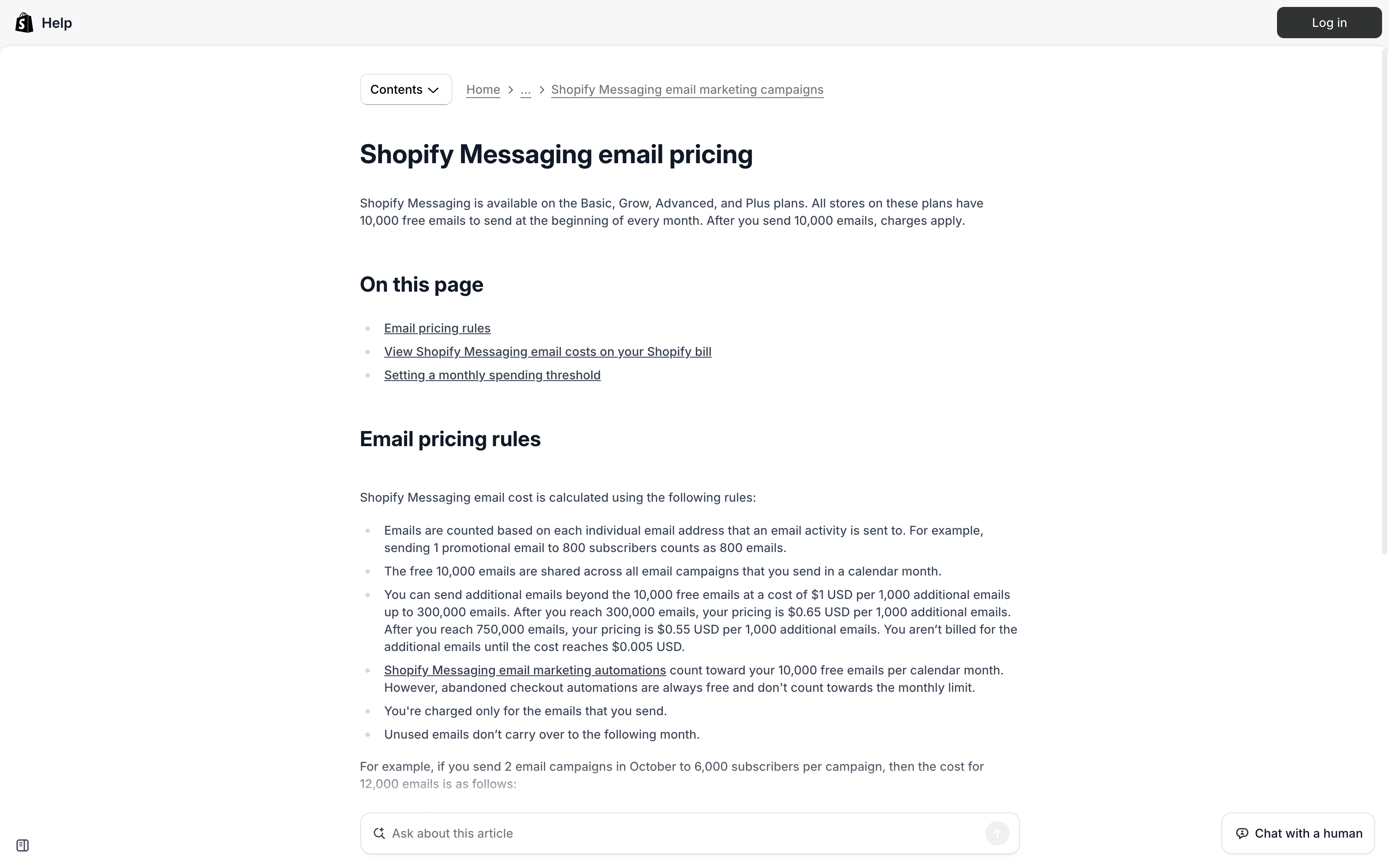 Shopify help center page titled Shopify Messaging email pricing, listing the rules: emails are counted per address, 10,000 free emails a month, $1 per 1,000 additional emails up to 300,000, and abandoned checkout automations are always free