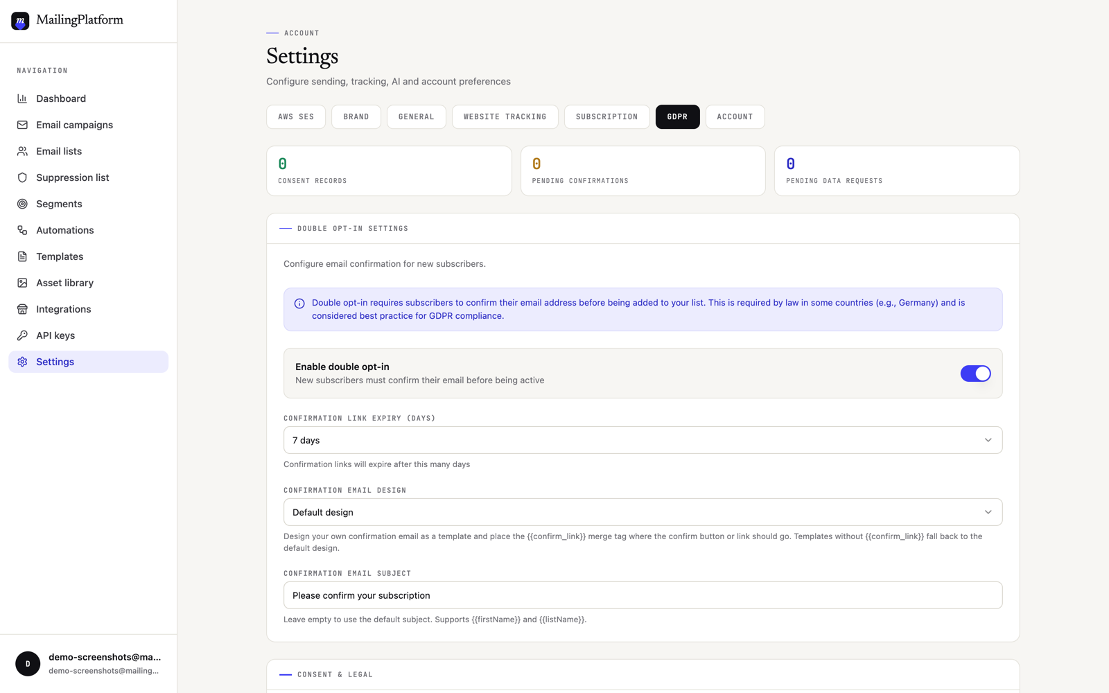 Double opt-in settings in MailingPlatform: the enable toggle, confirmation link expiry, a custom confirmation email design picker with the confirm link merge tag, and a custom subject field
