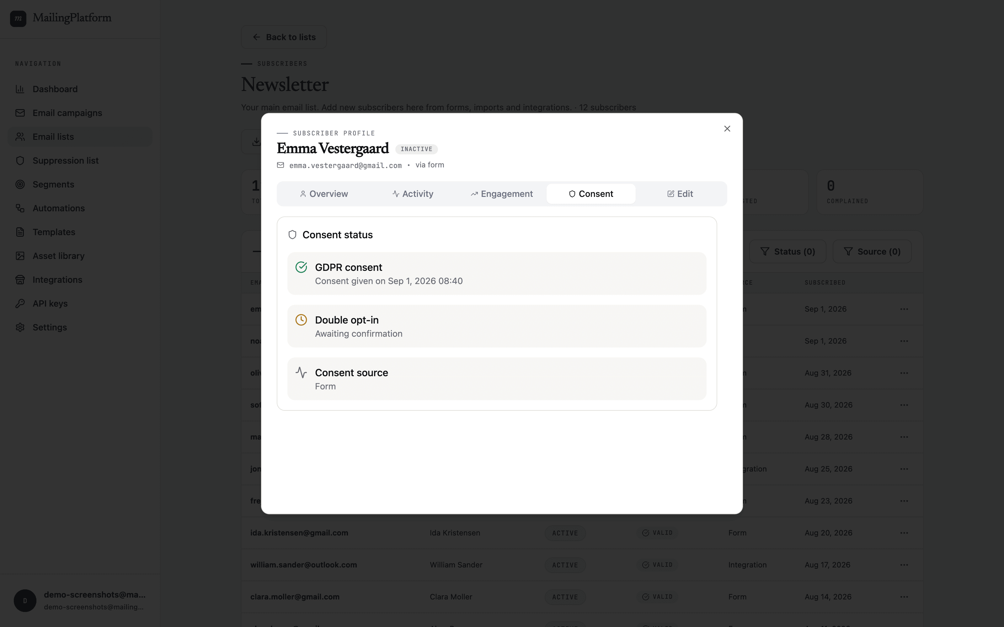 Subscriber profile dialog on the consent tab, showing GDPR consent given with a timestamp, double opt-in awaiting confirmation, and the consent source recorded as a form