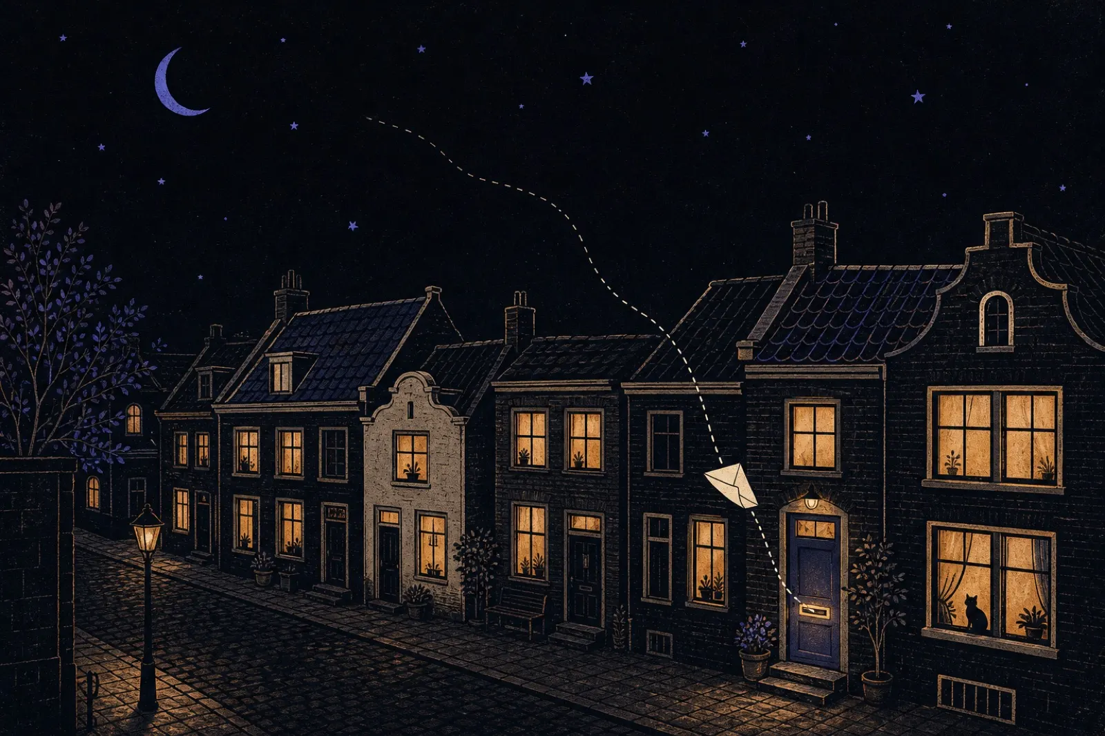 A letter delivered to a front door at night